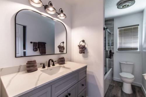 un bagno con lavandino, specchio e WC di Gulfside Getaway Awaits a Corpus Christi