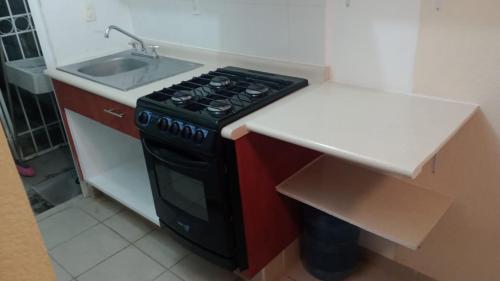 uma cozinha com um fogão e um lavatório em Casa con alberca em Atlacholoaya