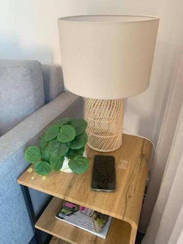 a lamp on a table with a plant and a laptop at Corrigans Beach View Apartment 211 in Batehaven