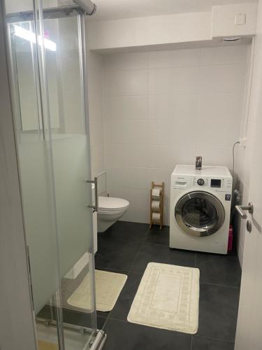 a bathroom with a washing machine and a toilet at Elo Global Appart in Buttes