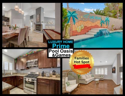 a collage of pictures of a kitchen and a house at Mirage Pool House - Heart of LV, Swimming Pool, Games, heavenly relaxation in Las Vegas