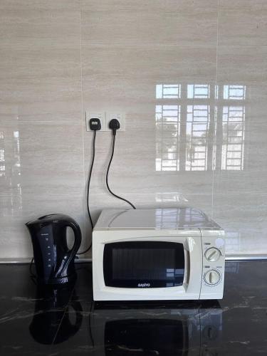 a microwave sitting on top of a kitchen counter at 2 JB Adda Daya Setia Eco Austin 24paxs Pool Table Karaoke BBQ Corner Unit in Johor Bahru