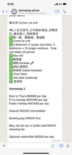 a screenshot of a cell phone with a list of items at 2 JB Adda Daya Setia Eco Austin 24paxs Pool Table Karaoke BBQ Corner Unit in Johor Bahru
