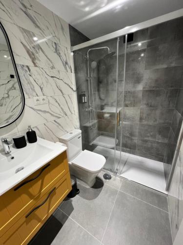 un bagno con doccia, WC e lavandino di Alojamiento Joan Miro a Torremolinos