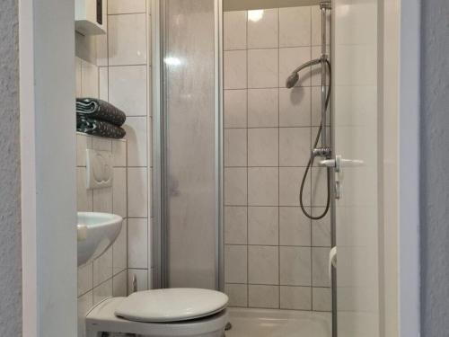 ein Bad mit einer Dusche, einem WC und einem Waschbecken in der Unterkunft Neuwerk Modern retreat in Wangerooge