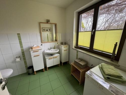- une salle de bains verte et blanche avec lavabo et miroir dans l'établissement Villa am Weinberg Waren, à Waren