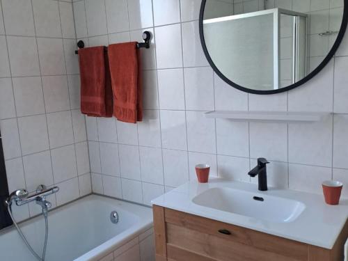 La salle de bains est pourvue d'un lavabo, d'un miroir et d'une baignoire. dans l'établissement Premium holiday home with garden, à Zevenhuizen