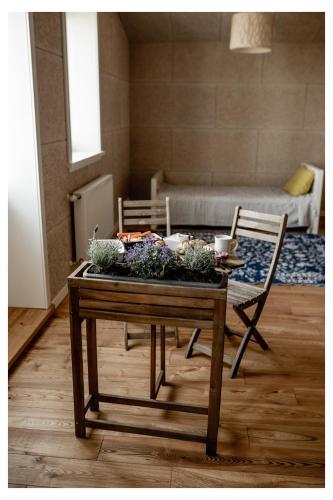 un soggiorno con tavolo e piante di Pērlerada room a Engure