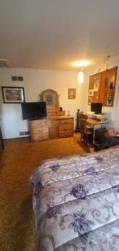 a bedroom with a bed and a desk with a desk at A Stay In The Woods in Steger