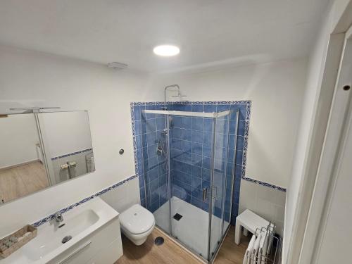 ein Bad mit einer Dusche, einem WC und einem Waschbecken in der Unterkunft La Bomboniera in Capri
