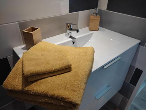 La salle de bains est pourvue d'un lavabo et de 2 serviettes. dans l'établissement MONTALIVET STUDIO MEZZANINE, à Vendays-Montalivet