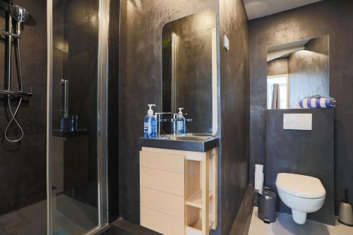 une salle de bain avec une douche, un lavabo et des toilettes dans l'établissement Très beau T3 proche RER Port Royal 6 pers, à Paris