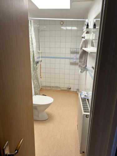 La salle de bains est pourvue de toilettes et d'un mur carrelé. dans l'établissement Uteplats, à Göteborg