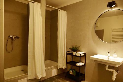 bagno con doccia, lavandino e specchio di Schöndorf Hostel - virtual reception a Bratislava