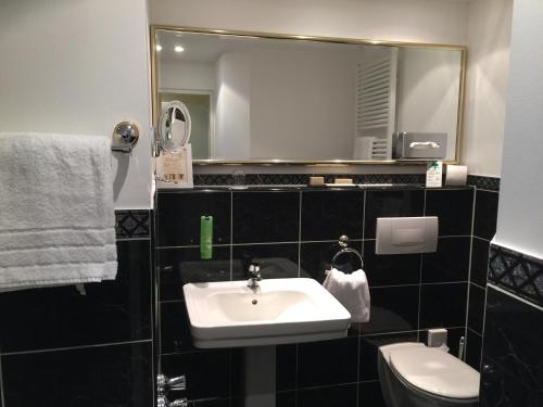 a bathroom with a sink and a toilet and a mirror at Hotel Schepers in Gronau