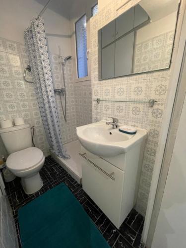 a bathroom with a white toilet and a sink at Appartement en plein Centre in Calvi