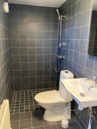 La salle de bains est pourvue de toilettes et d'un lavabo. dans l'établissement Gunnabo, à Borgholm