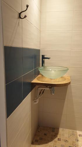 une salle de bain avec un lavabo et une douche dans l'établissement L 'Echo des bois, à Ambillou-Château