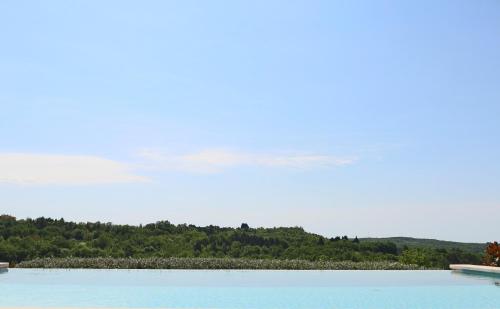 a large body of water with trees in the background at Villa Volare Cantare with 2 br, a heated pool and panoramic view near Buje, Istra in Momjan