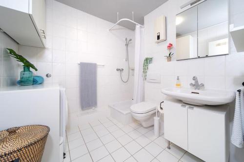 een witte badkamer met een wastafel en een toilet bij City Apartment mit Sonnenbalkon in Wuppertal
