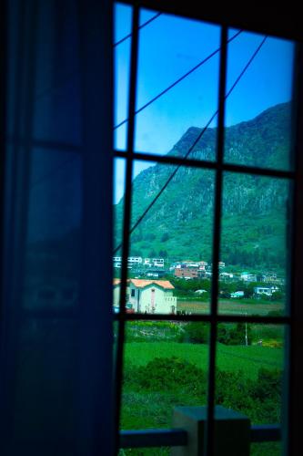 a view of a mountain from a window at ttottot Jeju Backpackers in Seogwipo
