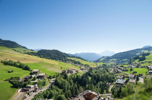 an aerial view of a village in the mountains at Le Roc Des Tours in Le Grand-Bornand