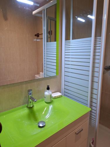 uma casa de banho com um lavatório verde e um espelho em apartamento noviembre em Madri