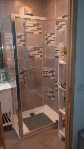 une douche avec une porte vitrée dans une salle de bain dans l'établissement gite du lavoir, à Meximieux