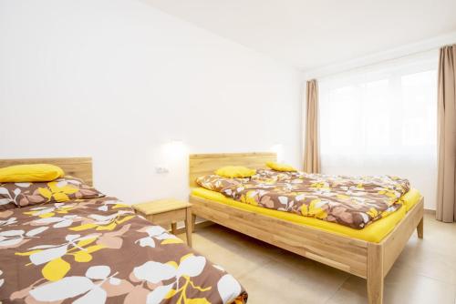 um quarto com 2 camas e uma janela em Ubytování Matějka em Třeboň