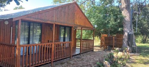 a wooden cabin with a porch and a tree at Cosy Corner in Kampersrus AH