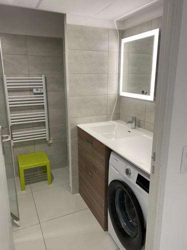a bathroom with a washing machine and a sink at Appartement neuf 4pers. 250 mètres de la plage in Argelès-sur-Mer