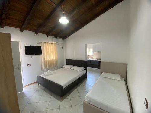 a bedroom with two beds and a television in it at Residence Villa Bledi in Golem