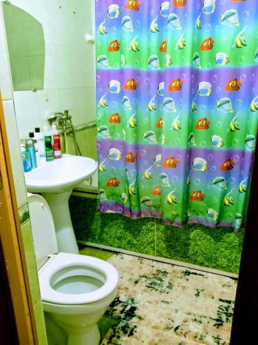 ein Bad mit einem WC und einem Duschvorhang in der Unterkunft Всегда рады гостям центр города in Oral