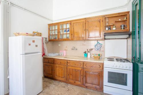 a kitchen with wooden cabinets and a white refrigerator at Passiflora Vacation House in Nydri