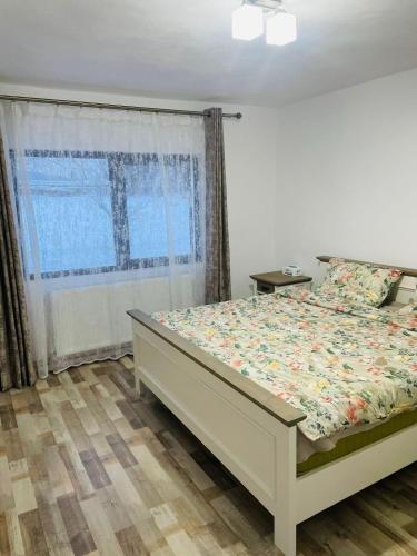- une chambre avec un lit et une grande fenêtre dans l'établissement Căsuța irina, à Alba Iulia