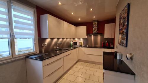 Il comprend une cuisine équipée d'un évier et d'un four micro-ondes. dans l'établissement proche Paris maison dans village près de reims, à Champigny