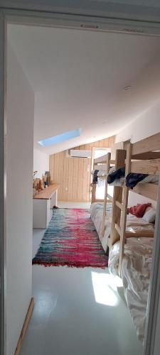 une chambre avec deux lits superposés et un tapis dans l'établissement villa VIEUX BOUCAU proche océan, à Vieux-Boucau-les-Bains