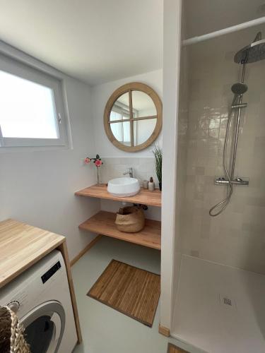 une salle de bain avec une douche, un lavabo et un miroir dans l'établissement villa VIEUX BOUCAU proche océan, à Vieux-Boucau-les-Bains