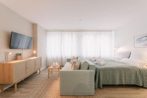 a bedroom with a bed and a couch and a tv at Central Apartment near Opera - 1 Room in Bayreuth