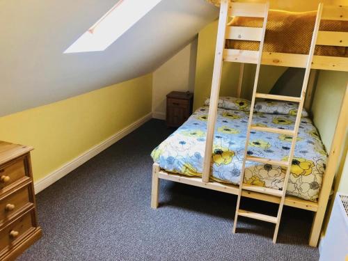 a bedroom with a bunk bed with a ladder at Llangollen Townhouse 4 bedroom in Llangollen