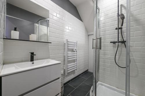 a bathroom with a sink and a shower at Bellerivois - 5 min des rives in Bellerive-sur-Allier