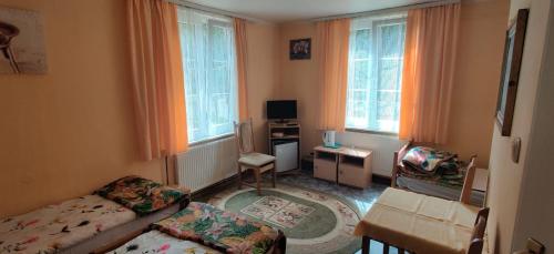 - un salon avec un lit, un bureau et des fenêtres dans l'établissement Dom Wczasowy Bałtyk, à Ustronie Morskie
