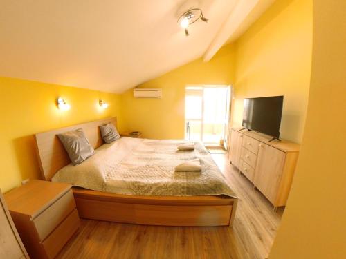 een slaapkamer met een bed en een flatscreen-tv bij Albatros Comfort like home in Chernomorets