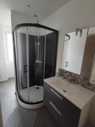 een badkamer met een douche en een wastafel bij L'escale des vignobles in Gevrey-Chambertin