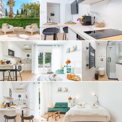 un collage de photos d'une cuisine et d'un salon dans l'établissement Le Bristol By ApiRent #Climatisation #Terrasse #Central, à Cannes