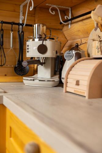 a kitchen counter with a coffee maker and a mixer at Kuća DORINE in Fužine