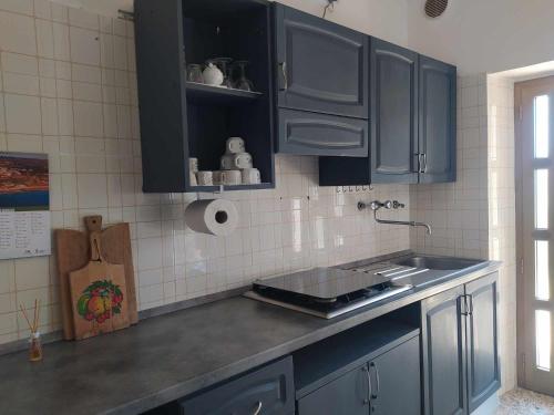 a kitchen with blue cabinets and a sink at Il giardino degli Ulivi house in Ortona