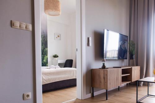 - une chambre avec un lit et une télévision sur une armoire dans l'établissement Forest 47 by Housine, à Zator