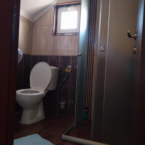 a small bathroom with a toilet and a window at Zezo Apartments in Bitola