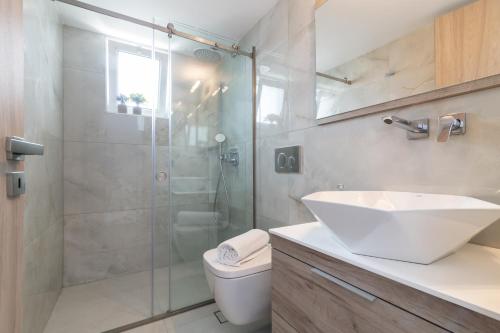 ein Bad mit einer Dusche, einem Waschbecken und einem WC in der Unterkunft Swan Apartments in Zakynthos